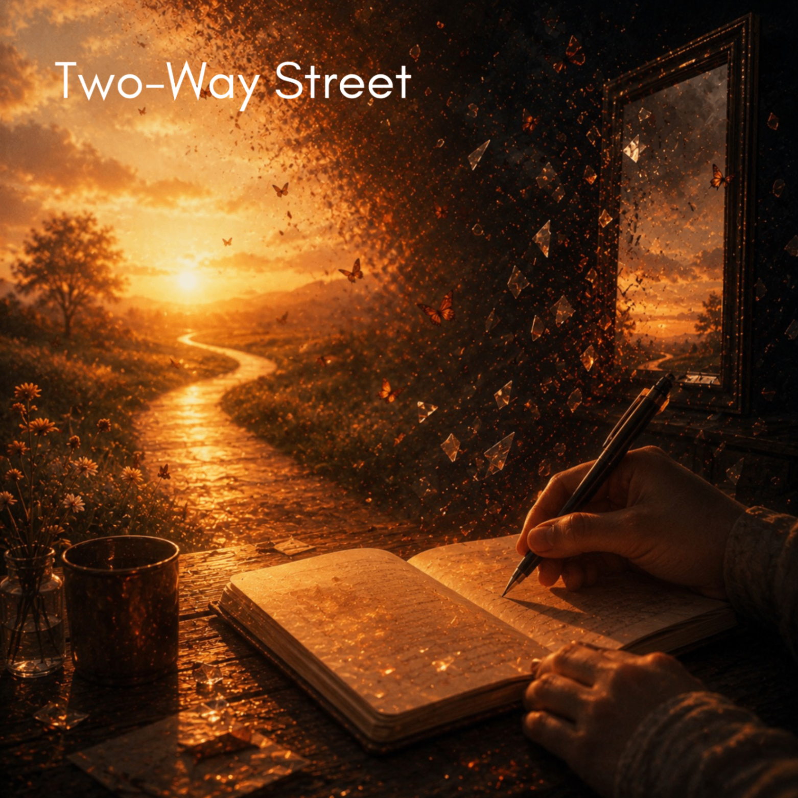 Two-Way Street — a sunset path, an open journal, a mirror catching the light